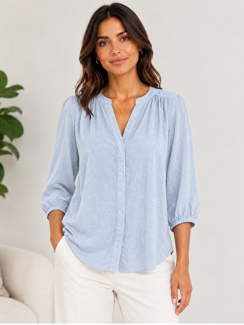 Quince Washable Stretch Silk Notch Collar Blouse Baby Blue Medium Long Sleeve